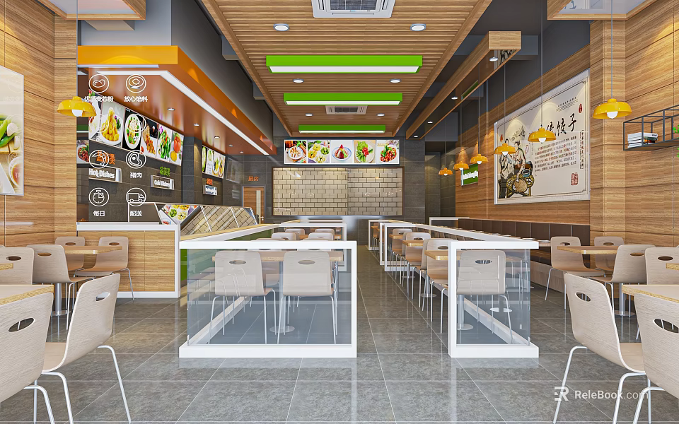 Modern Restaurant Interior Design With Wooden Decor Menu Boards And Seating Arrangement 3d model 