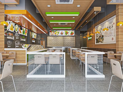 Modern Restaurant Interior Design With Wooden Decor Menu Boards And Seating Arrangement 3d model