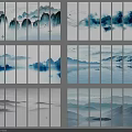 Ink Wash Landscape Painting With Blue Mountains Gray Water And Clouds In Multi Panel Set