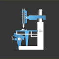 Blue And White Industrial Machine With Worktable And Mechanical Parts On Black Base
