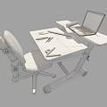 Modern Adjustable Desk Setup With Laptop Blueprints Pens And Ergonomic Chair