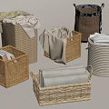 Woven Storage Baskets in Various Sizes and Shapes with Linen Cloths and Towels
