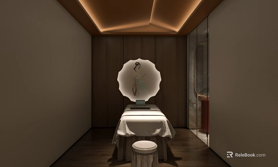 Luxury SPA Sauna Interior With Wooden Walls Massage Table Round Mirror And Soft Lighting 3d model 