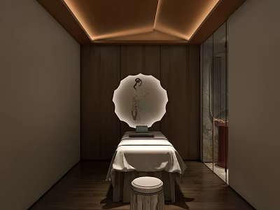 Luxury SPA Sauna Interior With Wooden Walls Massage Table Round Mirror And Soft Lighting 3d model