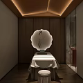 Luxury SPA Sauna Interior With Wooden Walls Massage Table Round Mirror And Soft Lighting