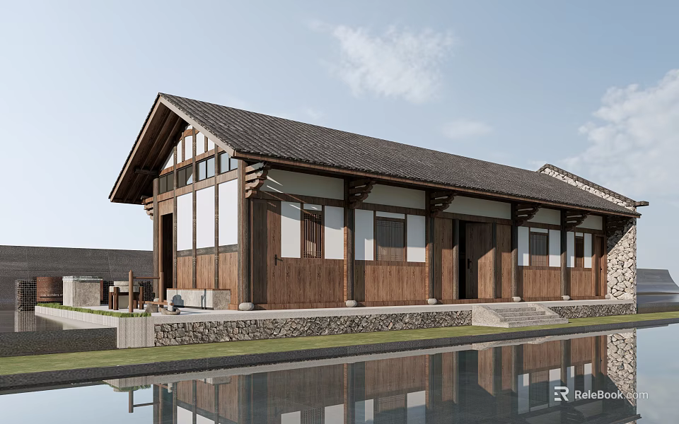 Traditional Style Building With Sloped Roof Wooden Stone Structure And Water Reflection 3d model 