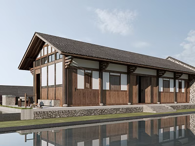 Traditional Style Building With Sloped Roof Wooden Stone Structure And Water Reflection 3d model
