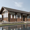 Traditional Style Building With Sloped Roof Wooden Stone Structure And Water Reflection