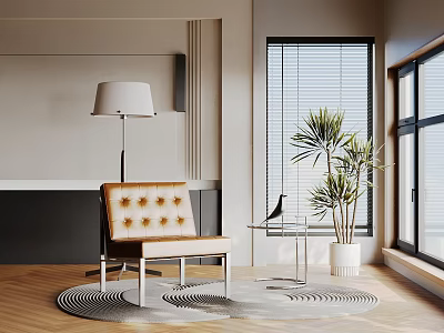 Modern Interior Decorative Ornament Combination With Beige Tufted Chair Black Bird Ornament And Palm Plant 3d model