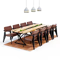 Wooden Dining Table Set With Chairs Hanging Pendant Lights And Green Plant Decoration On Rug