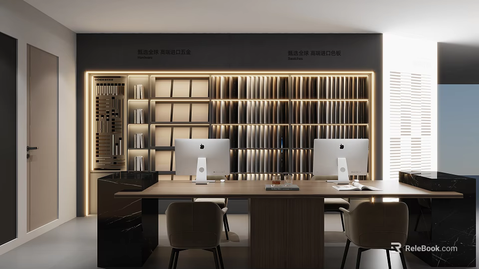 Modern Display Shelves with Illuminated Design Apple Computers Wooden Table and Chairs Setup 3d model 