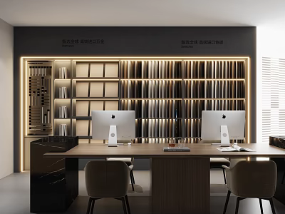 Modern Display Shelves with Illuminated Design Apple Computers Wooden Table and Chairs Setup 3d model