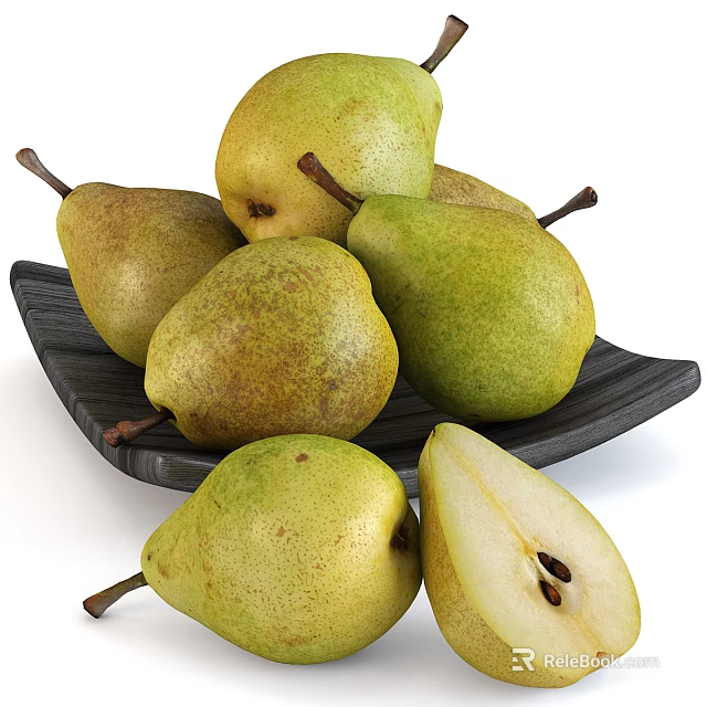 Fresh Yellow Green Pears Including Whole And Sliced On Black Plate 3d model 