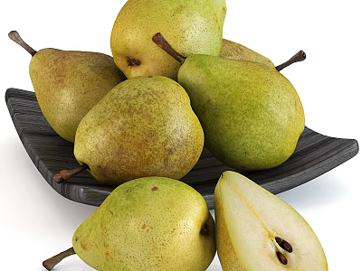 Fresh Yellow Green Pears Including Whole And Sliced On Black Plate 3d model