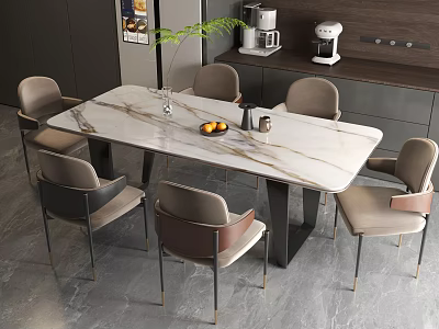 Modern Kitchen Dining Table Set With Marble Top Six Chairs And Fruit Vase Decoration 3d model