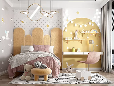 Cozy Kids Room With Wicker Headboard Pink Bedding Yellow Walls And Star Decorations 3d model