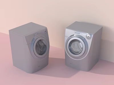 Two Silver Front Loading Washing Machines On Light Pink Background 3d model