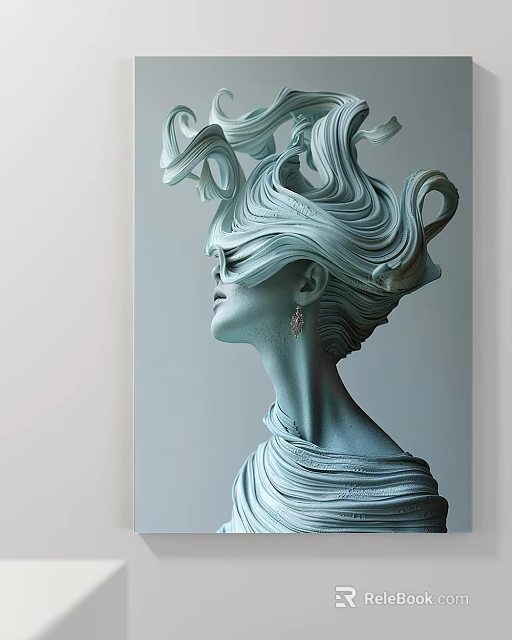 Abstract Painting Featuring Elegant Female Silhouette With Flowing Light Blue Wavy Hair 3d model 