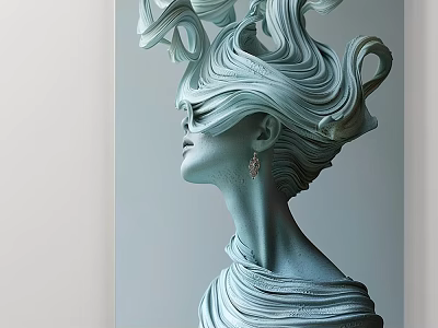 Abstract Painting Featuring Elegant Female Silhouette With Flowing Light Blue Wavy Hair 3d model