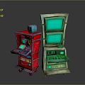 Vintage Electronic Arcade Machines With Red Silver Design Multiple Screens And Control Panels