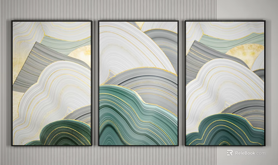 Three Panel Modern Abstract Wall Art With Wavy Green Gray White Gold Geometric Patterns 3d model