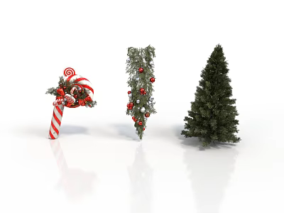 Christmas Decoration Collection Featuring Candy Cane Ornament Decorated Tree And Full Pine 3d model