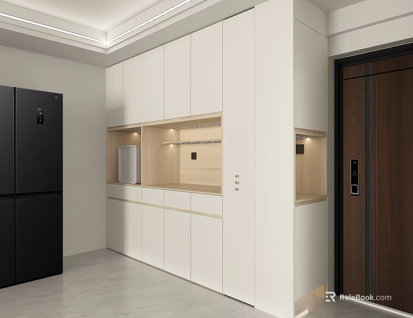 Modern Kitchen Sideboard With White Cabinets Built In Lighting And Storage Space 3d model