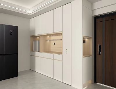 Modern Kitchen Sideboard With White Cabinets Built In Lighting And Storage Space 3d model