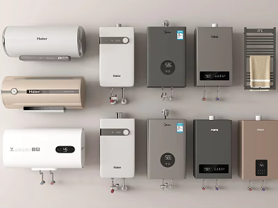 Household Water Heaters With Various Designs Colors And Modern Daily Use Electric Appliances 3d model