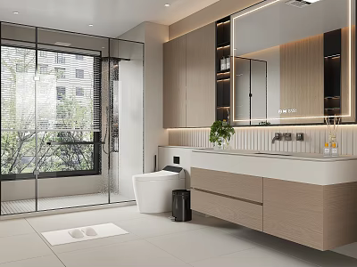 Modern Bathroom With Open Shower Glass Partition Smart Toilet Wooden Cabinets Marble Countertop And Greenery 3d model