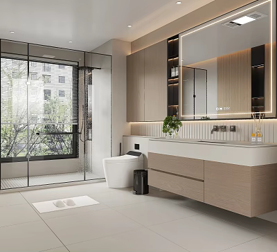 Modern Bathroom With Open Shower Glass Partition Smart Toilet Wooden Cabinets Marble Countertop And Greenery 3d model