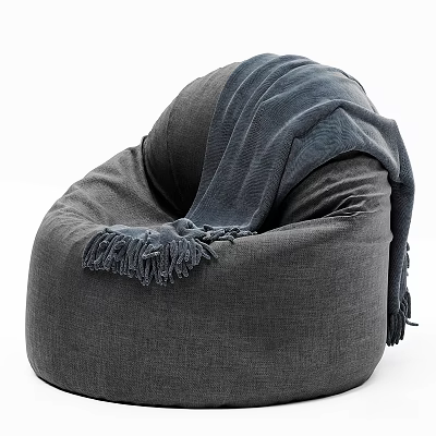 Cozy Gray Bean Bag Chair With Soft Blanket And Fringe Details 3d model