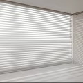 White Venetian Blinds In Modern Interior Window With Natural Light And Wooden Shelves Room Design