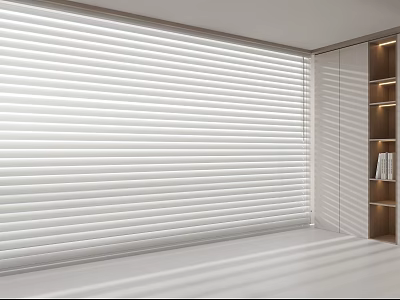 White Venetian Blinds In Modern Interior Window With Natural Light And Wooden Shelves Room Design 3d model