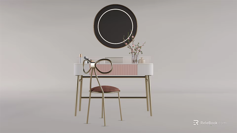Modern Vanity Table with Round Mirror Brown Cushioned Chair and Decorative Vase 3d model 