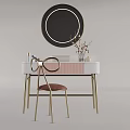 Modern Vanity Table with Round Mirror Brown Cushioned Chair and Decorative Vase