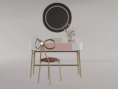 Modern Vanity Table with Round Mirror Brown Cushioned Chair and Decorative Vase 3d model