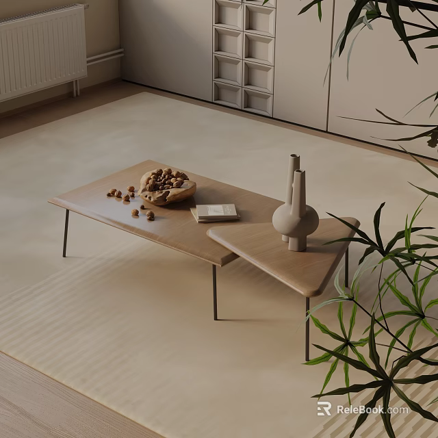 Modern Sofa and Coffee Table Set With Wooden Top Metal Legs Nut Bowl and Book 3d model 