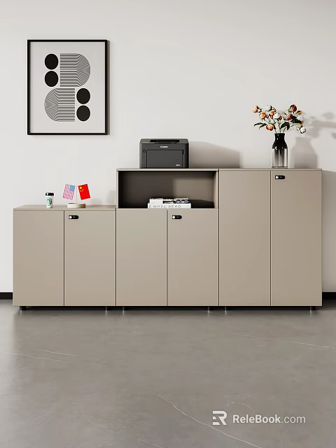 Modern Light Gray Bookcase With Black Printer Vase Flowers Stacked Books And Coffee Cup 3d model 