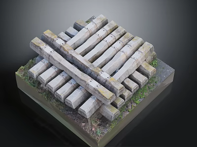 Structural Construction Model With Stacked Concrete Blocks Crossed Beams And Mossy Base 3d model