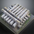 Structural Construction Model With Stacked Concrete Blocks Crossed Beams And Mossy Base 3d model