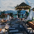 Outdoor Restaurant Dining Area With Thatched Roof String Lights Fountain And Stone Path