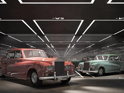 Elegant Parking Lot With Red And Green Vintage Cars And Modern Grid Ceiling Lights 3d model