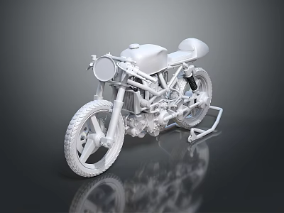 Vintage Silver Motorcycle With Round Headlight Single Seat Sleek Design And Reflection On Dark Surface 3d model