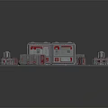 Futuristic Industrial Building Complex With Red Gray Structures And Cylindrical Units Platforms