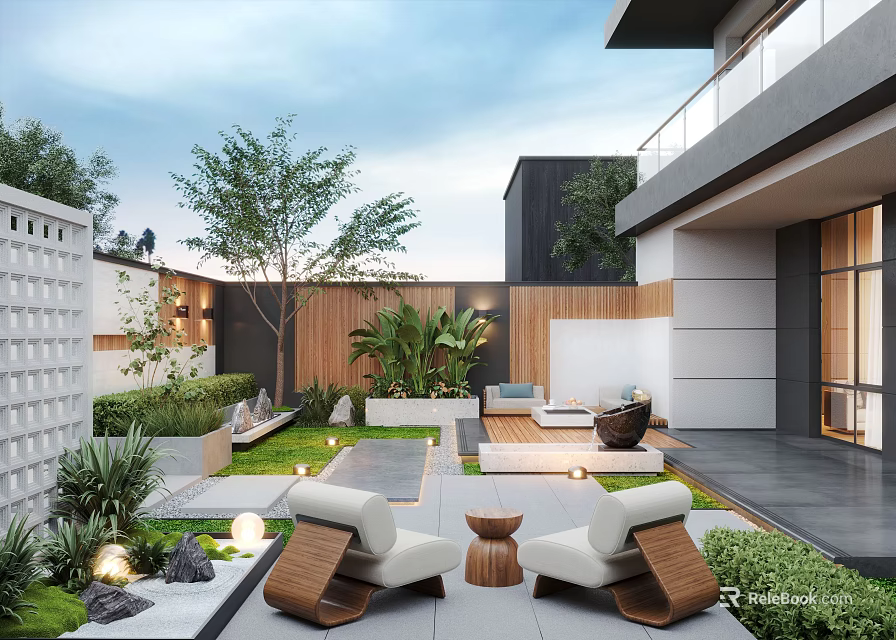Modern Courtyard Garden Design With Outdoor Seating Green Plants Wooden Screens And Stone Paved Floor 3d model 