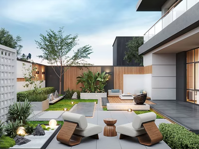 Modern Courtyard Garden Design With Outdoor Seating Green Plants Wooden Screens And Stone Paved Floor 3d model