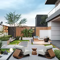 Modern Courtyard Garden Design With Outdoor Seating Green Plants Wooden Screens And Stone Paved Floor