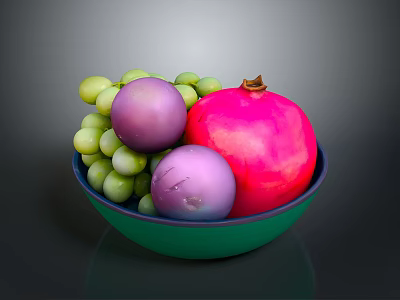 Green Bowl With Fresh Green Grapes Purple Plums And Red Pomegranate 3d model