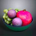 Green Bowl With Fresh Green Grapes Purple Plums And Red Pomegranate